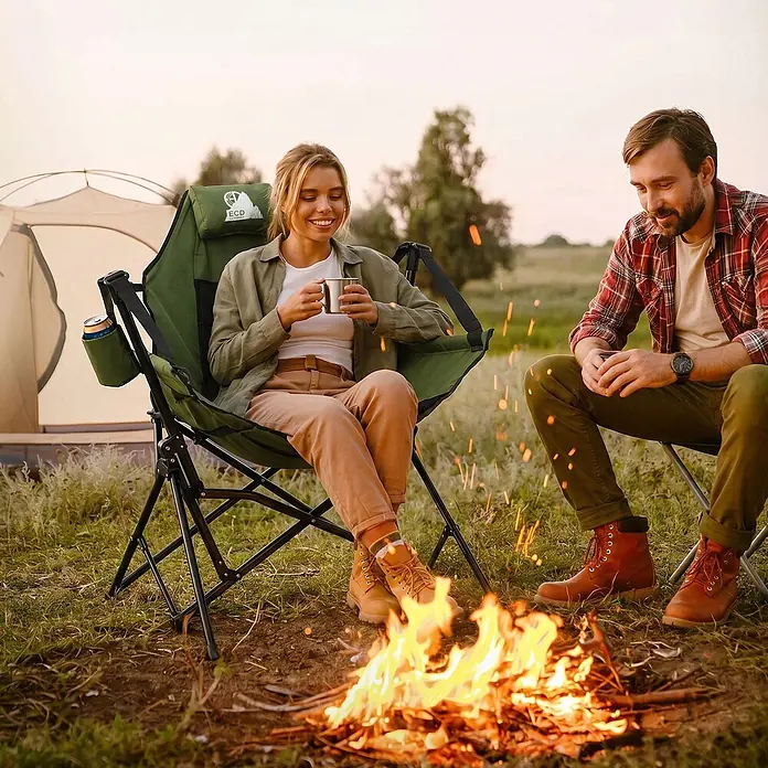 ECD Germany Campingstuhl Klappstuhl mit Stahlgestell Getränkehalter Nackenkissen & Tasche - 1 Stk., Stahl, pulverbeschichtet,600D Oxford Gewebe, gepolstert, Rückenlehne verstellbar, Khaki - Grüner Campingstuhl mit schwarzem Gestell und Becherhalter, von einer Person am Lagerfeuer genutzt.