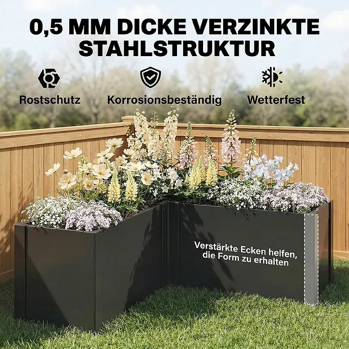Outsunny Hochbeet - 150 x 150 x 55 cm, Schwarz - Dunkelgraues L-förmiges Hochbeet aus verzinktem Stahl mit Blumen und verstärkten Ecken.