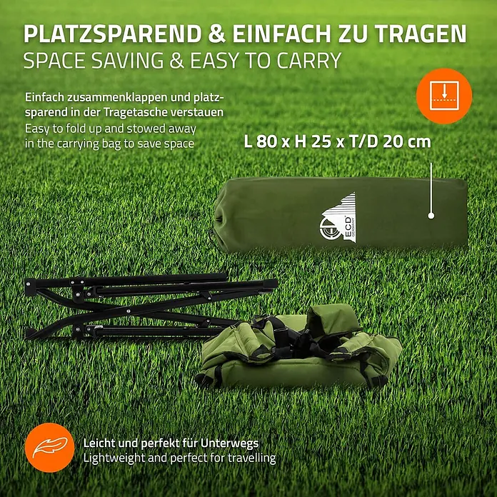 ECD Germany Campingstuhl Klappstuhl mit Stahlgestell Getränkehalter Nackenkissen & Tasche - 1 Stk., Stahl, pulverbeschichtet,600D Oxford Gewebe, gepolstert, Rückenlehne verstellbar, Khaki - Schwarzes klappbares Feldbettgestell und olivgrüne Tragetasche, kompakt für den Transport gezeigt.
