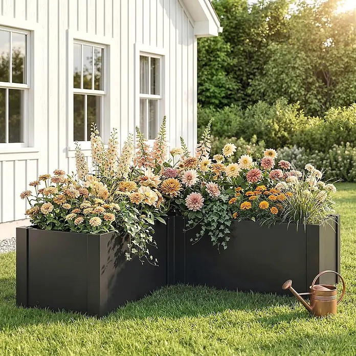 Outsunny Hochbeet - 150 x 150 x 55 cm, Schwarz - Zwei schwarze Hochbeete aus Metall in L-Form, gefüllt mit bunten Blumen, auf einem sonnigen Rasen neben einem weißen Haus.