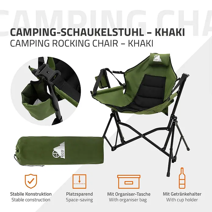 ECD Germany Campingstuhl Klappstuhl mit Stahlgestell Getränkehalter Nackenkissen & Tasche - 1 Stk., Stahl, pulverbeschichtet,600D Oxford Gewebe, gepolstert, Rückenlehne verstellbar, Khaki - Khaki Camping-Schaukelstuhl, faltbar mit Tragetasche, Getränkehalter und Organizer-Tasche.