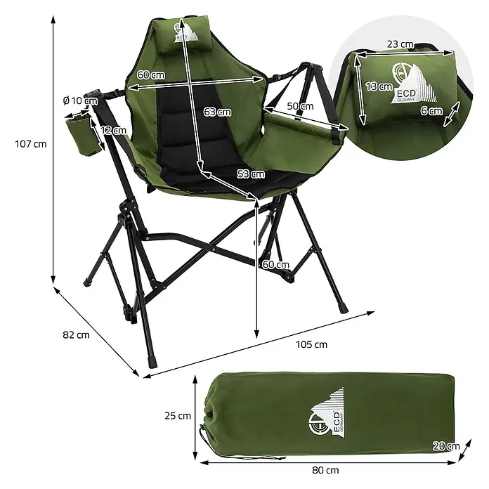 ECD Germany Campingstuhl Klappstuhl mit Stahlgestell Getränkehalter Nackenkissen & Tasche - 1 Stk., Stahl, pulverbeschichtet,600D Oxford Gewebe, gepolstert, Rückenlehne verstellbar, Khaki - Grüner klappbarer Campingstuhl mit schwarzem Gestell und Tragetasche, detaillierte Maße dargestellt.