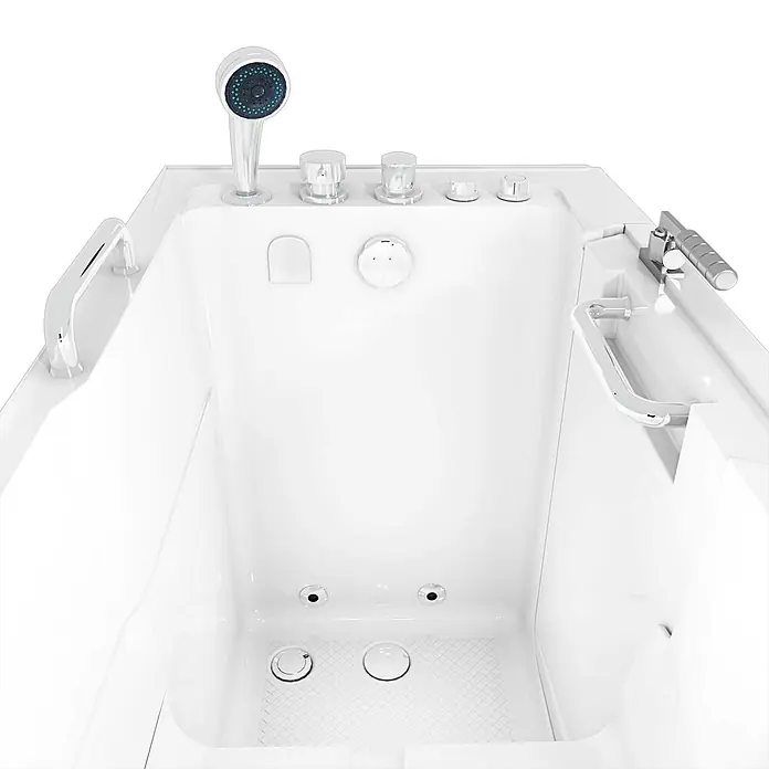 AcquaVapore Badewanne Fertigdusche S07WP-B-L - 140 x 76 cm, Acryl, Weiß - Weiße Badewanne mit Einstiegstür, verchromten Armaturen, Handbrause und integrierten Haltegriffen. Mit rutschfestem Strukturboden.