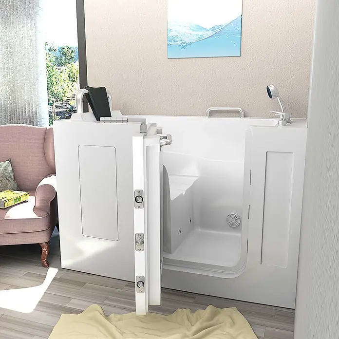 AcquaVapore Badewanne Fertigdusche S07WP-C-L - 140 x 76 cm, Acryl, Weiß - Weiße begehbare Badewanne mit offener Tür und Handbrause in einem hellen Raum.