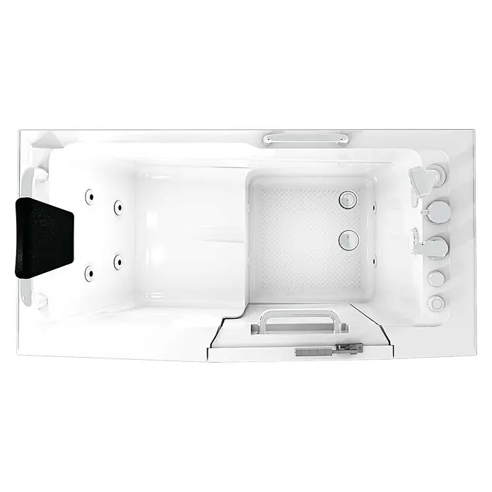 AcquaVapore Badewanne Fertigdusche S07WP-C-L - 140 x 76 cm, Acryl, Weiß - Weiße barrierefreie Badewanne mit schwarzer Kopfstütze, integrierten Düsen, Duschkopf und rutschfestem Boden.