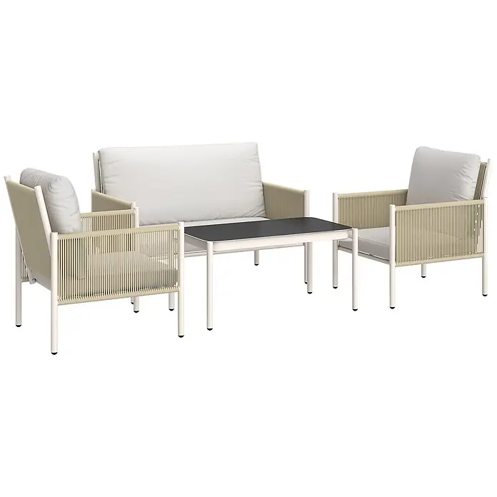 Outsunny Loungemöbel-Set mit Tisch - 4 -tlg., Stahl, PE-Rattan, Polyester, gehärtetes Glas, 1x Loveseat, 2x Sessel, 1x Couchtisch, 3x Sitzkissen, 1x Bedienungsanleitung, Hellgrau - Outdoor-Lounge-Set mit hellem Rahmen, geflochtenen Seildetails, weißen Kissen und schwarzem Couchtisch.