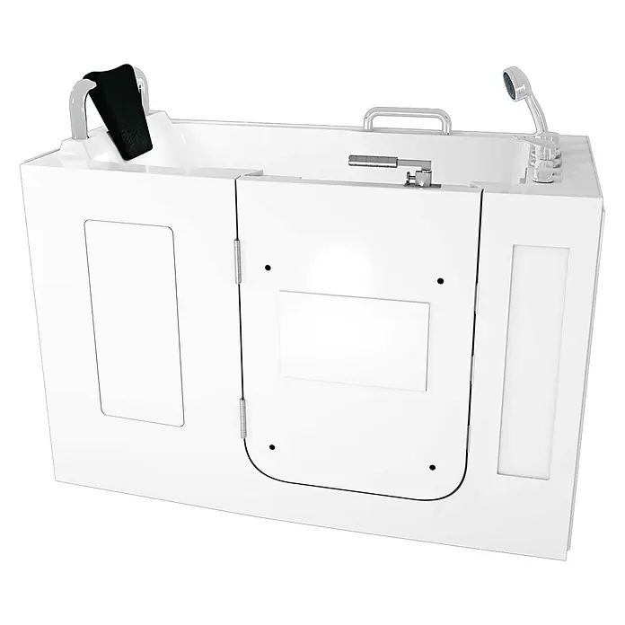 AcquaVapore Badewanne Fertigdusche S07WP-B-L - 140 x 76 cm, Acryl, Weiß - Weiße begehbare Badewanne mit Seitentür, integrierten Haltegriffen, Handbrause und schwarzer Kopfstütze, für barrierefreies Baden.