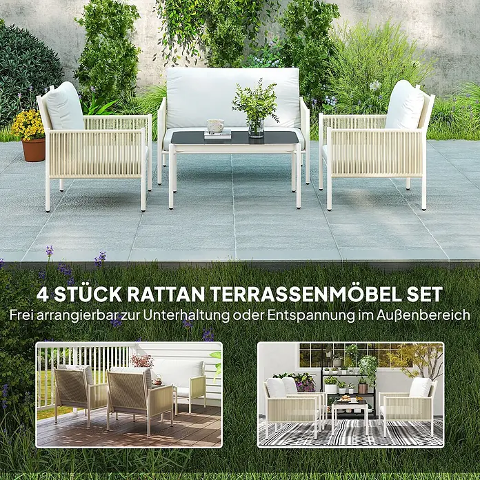 Outsunny Loungemöbel-Set mit Tisch - 4 -tlg., Stahl, PE-Rattan, Polyester, gehärtetes Glas, 1x Loveseat, 2x Sessel, 1x Couchtisch, 3x Sitzkissen, 1x Bedienungsanleitung, Hellgrau - 4-teiliges weißes Rattan-Terrassenmöbel-Set mit weißen Kissen und einem Couchtisch mit dunkler Platte, ideal für Unterhaltung oder Entspannung im Außenbereich.