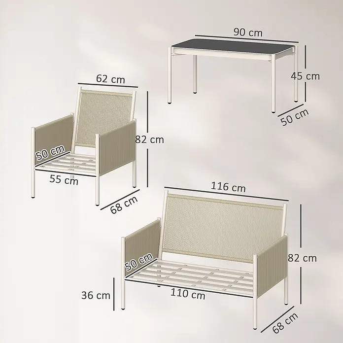 Outsunny Loungemöbel-Set mit Tisch - 4 -tlg., Stahl, PE-Rattan, Polyester, gehärtetes Glas, 1x Loveseat, 2x Sessel, 1x Couchtisch, 3x Sitzkissen, 1x Bedienungsanleitung, Hellgrau - Beigefarbenes Gartenmöbel-Set mit geflochtenen Details: Tisch, Sessel und Zweisitzer-Sofa, mit Maßen dargestellt.