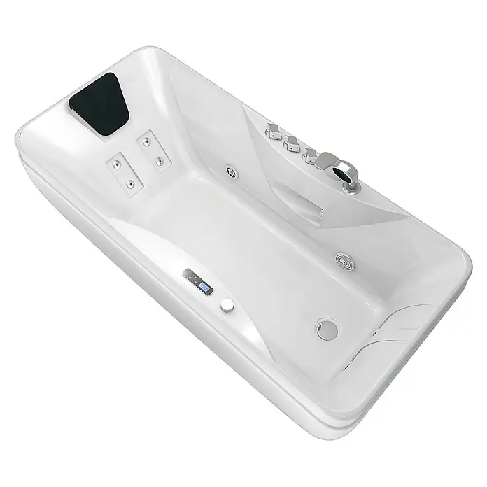 AcquaVapore Badewanne Fertigdusche W49H-PL - Acryl, Weiß - Weiße, rechteckige Whirlpool-Badewanne mit integrierten Bedienelementen, Düsen, Armatur und schwarzer Kopfstütze.
