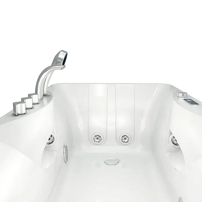 AcquaVapore Badewanne Fertigdusche W49H-PL - Acryl, Weiß - Weißer Whirlpool-Innenraum mit Chromarmatur, Bedienknöpfen, Düsen und Digitalanzeige.