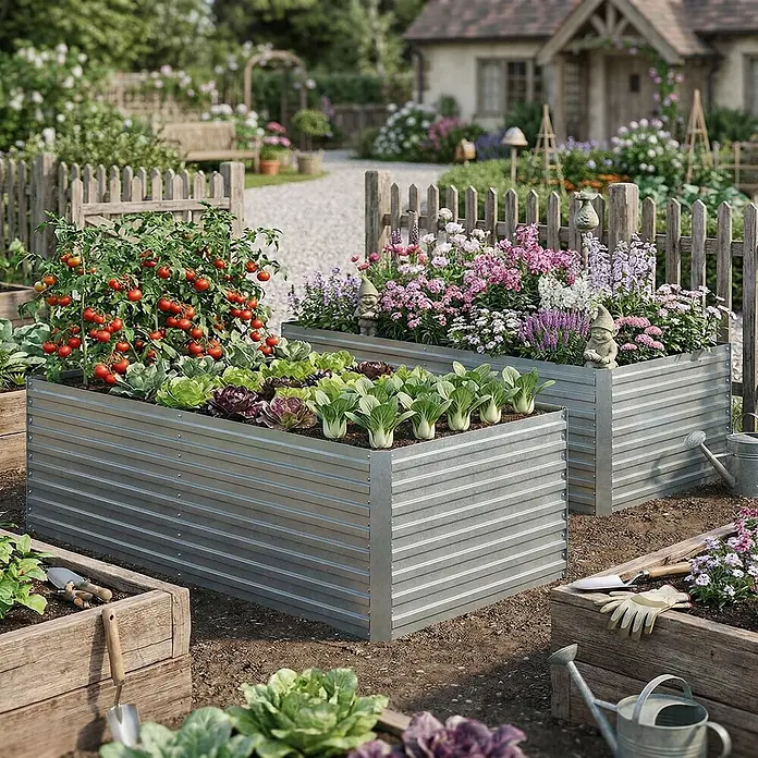 Outsunny Hochbeet - Silber - Geriffelte Hochbeete aus verzinktem Stahl, gefüllt mit Gemüse und Blumen in einem Garten. Mehrere Beete bilden ein produktives Beet.