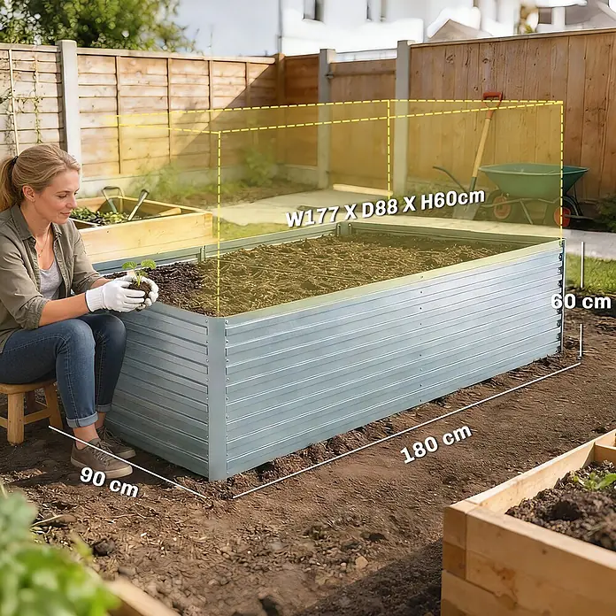 Outsunny Hochbeet - Silber - Hochbeet aus verzinktem Stahl, mit Erde gefüllt, in einem Garten. Eine Frau pflanzt einen Setzling.