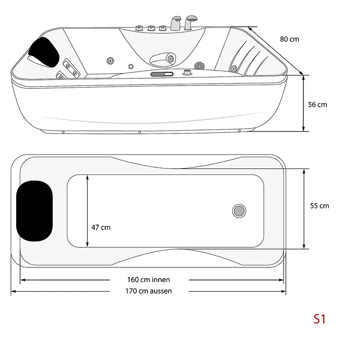 AcquaVapore Badewanne Fertigdusche W49-PR - Acryl, Weiß - Weißer Whirlpool mit schwarzem Nackenkissen und detaillierten Maßen, technische Zeichnung.