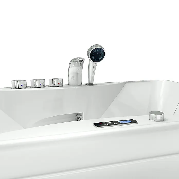 AcquaVapore Badewanne Fertigdusche W49H-PL - Acryl, Weiß - Weiße Badewanne mit integrierter Chromarmatur, Handbrause, Bedienknöpfen und digitalem Anzeigefeld.