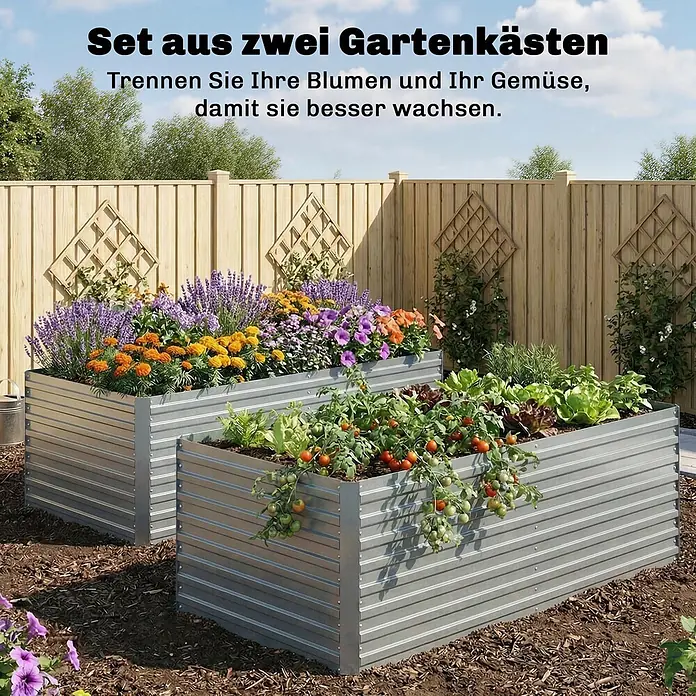 Outsunny Hochbeet - Silber - Zwei Hochbeete aus Wellblech, eines mit bunten Blumen, das andere mit Gemüse, im Garten.