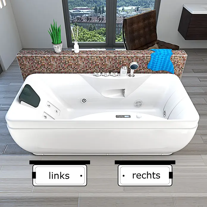 AcquaVapore Badewanne Fertigdusche W49-PR - Acryl, Weiß - Weißer rechteckiger Whirlpool mit dunkler Kopfstütze, integrierten Düsen, Bedienfeld und Handbrause, in einem modernen Badezimmer.
