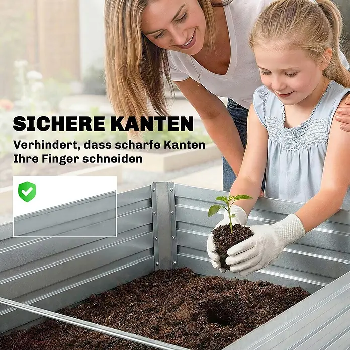 Outsunny Hochbeet - Silber - Silbernes Hochbeet aus Metall mit sicheren, gerollten Kanten, von Mutter und Kind bepflanzt.