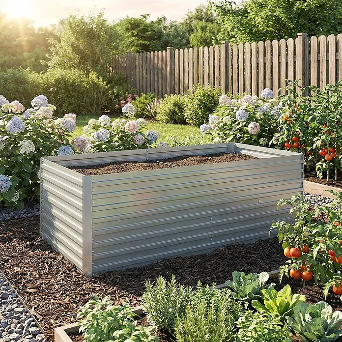Outsunny Hochbeet - Silber - Großes rechteckiges Hochbeet aus verzinktem Metall, mit Erde gefüllt, in einem sonnigen Garten.