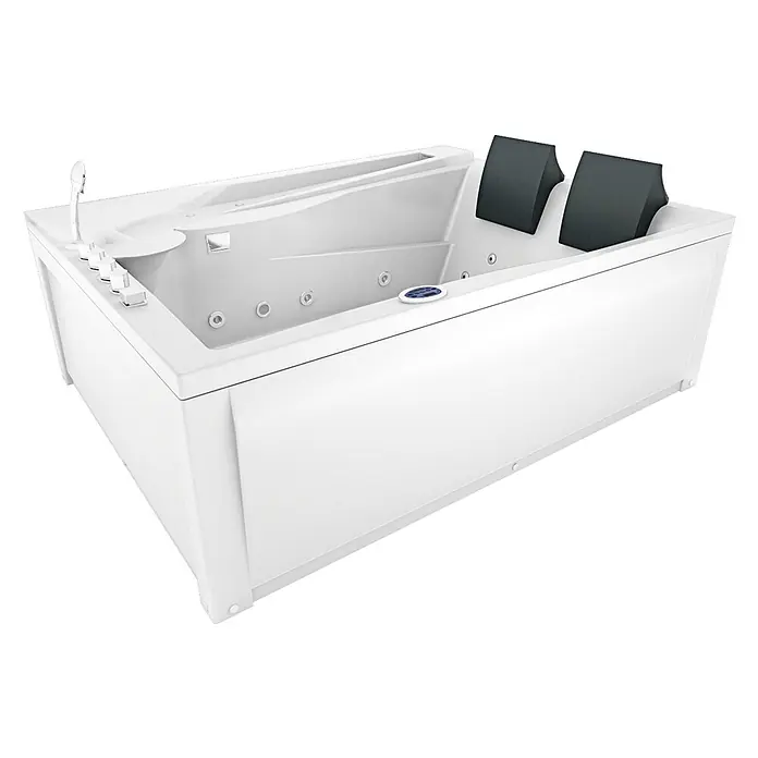 AcquaVapore Badewanne Fertigdusche W12H-C-SC - Acryl, Weiß - Weißer Whirlpool mit integrierten Düsen, Bedienfeld, Handbrause und zwei schwarzen Kopfstützen.