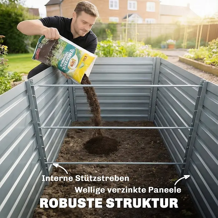 Outsunny Hochbeet - Silber - Graues, verzinktes Metall-Hochbeet mit internen Stützstreben wird in einem Garten mit Erde befüllt.