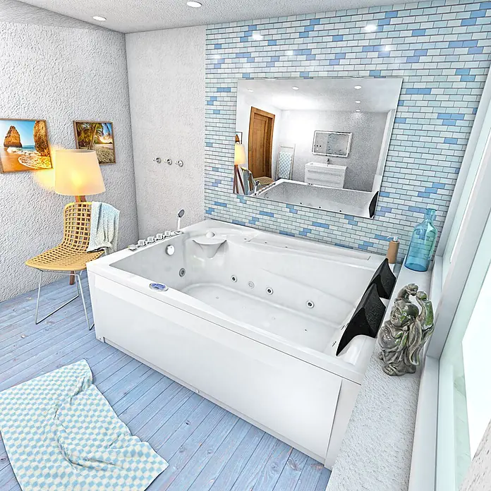 AcquaVapore Badewanne Fertigdusche W12H-C-SC - Acryl, Weiß - Weiße rechteckige Jacuzzi-Badewanne mit Düsen und Bedienelementen, in einem modernen Badezimmer platziert.