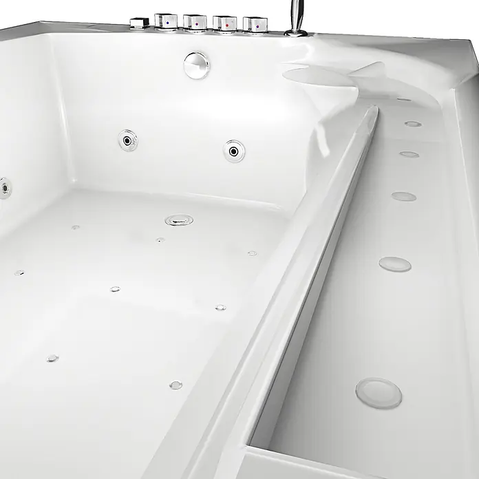 AcquaVapore Badewanne Fertigdusche W12H-C-SC - Acryl, Weiß - Weiße Whirlpool-Badewanne mit Chrom-Armaturen und mehreren Düsen, mit einem zentralen Teiler.