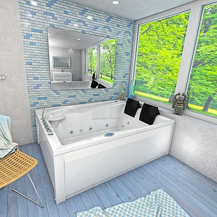 AcquaVapore Badewanne Fertigdusche W12H-C-SC - Acryl, Weiß - Weiße moderne Badewanne mit Hydromassage-Düsen und schwarzen Kopfstützen in hellem Bad mit Naturblick.