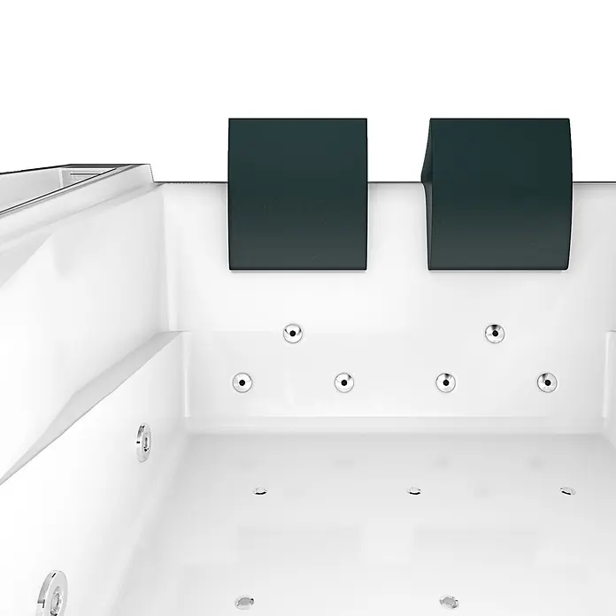 AcquaVapore Badewanne Fertigdusche W12H-C-SC - Acryl, Weiß - Weißer Whirlpool-Innenraum mit Chromdüsen und zwei dunkelgrünen Kopfstützen.