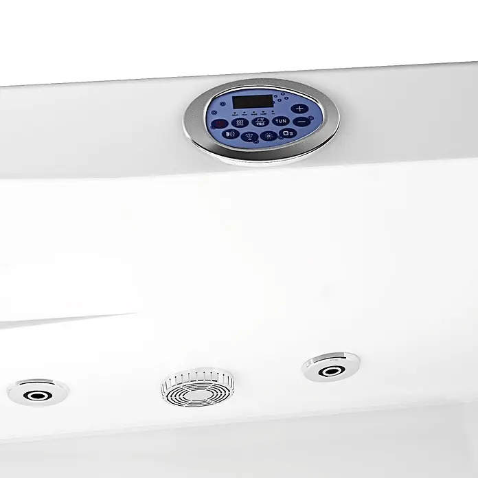 AcquaVapore Badewanne Fertigdusche W12H-C-SC - Acryl, Weiß - Weißes Whirlpool-Bedienfeld mit blauem Digitaldisplay und Chromdüsen.