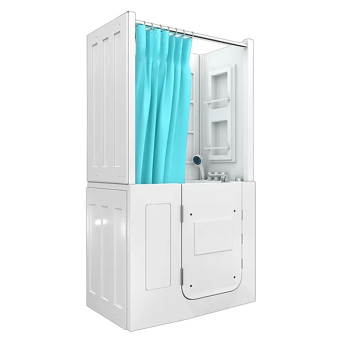 AcquaVapore Badewanne Fertigdusche S08D-WP-TH-C-L - 110 x 68 cm, Acryl, Weiß - Weißes barrierefreies Dusch- und Wannen-Kombigerät mit blauem Duschvorhang für einfachen Zugang.