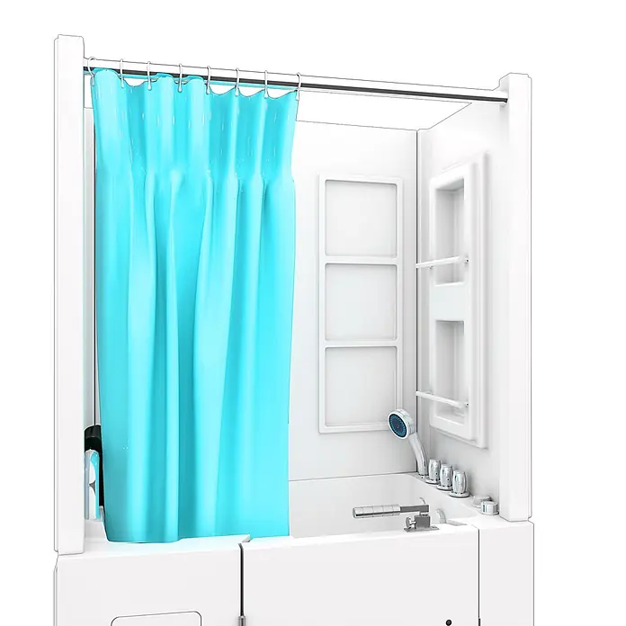 AcquaVapore Badewanne Fertigdusche S08D-WP-TH-B-L - 110 x 68 cm, Acryl, Weiß - Weiße Dusch-Badewannen-Kombination mit hellblauem Duschvorhang, integrierten Ablagen und Handbrause.