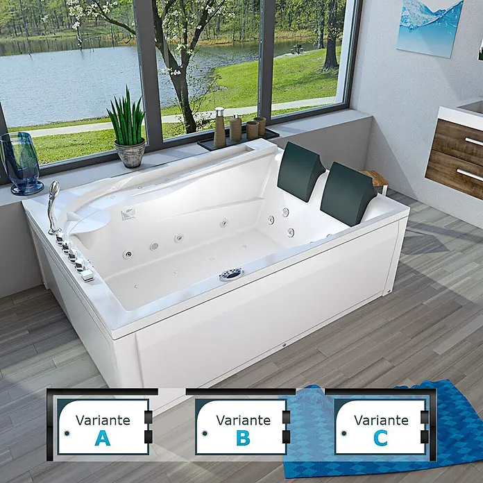 AcquaVapore Badewanne Fertigdusche W12H-C-SC - Acryl, Weiß - Weiße Hydromassage-Badewanne mit dunkelgrünen Kopfstützen und Chromarmaturen, am Fenster mit Seeblick für ein luxuriöses Bad.
