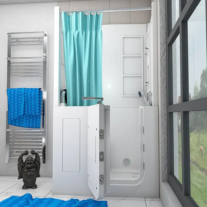 AcquaVapore Badewanne Fertigdusche S08D-WP-TH-C-L - 110 x 68 cm, Acryl, Weiß - Weiße begehbare Badewanne mit offener Tür und türkisfarbenem Duschvorhang, für einfachen Einstieg.