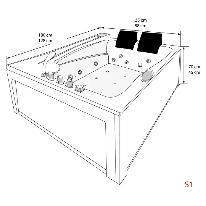 AcquaVapore Badewanne Fertigdusche W12H-C-SC - Acryl, Weiß - Eck-Whirlpool-Badewanne mit Armatur, Düsen, Kopfstützen und Maßen.