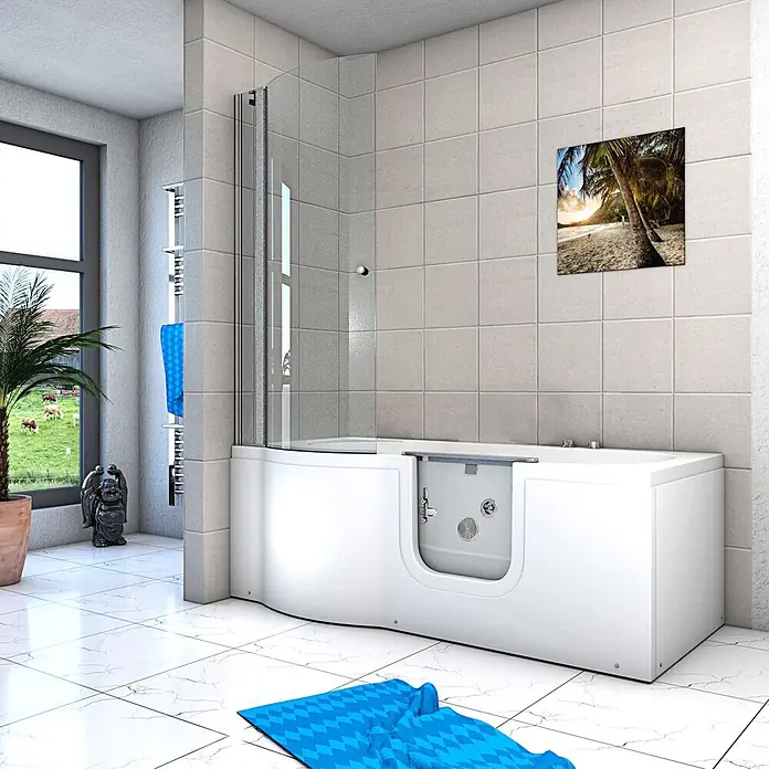 AcquaVapore Badewanne Fertigdusche S12D-WP-R-EC - 85 x 170 cm, Acryl, Weiß - Weiße begehbare Badewanne mit integrierter Duschwand in einem modernen Badezimmer. Für einfachen Zugang konzipiert.