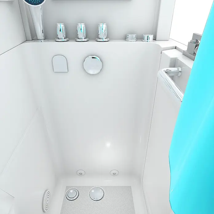 AcquaVapore Badewanne Fertigdusche S08D-WP-TH-B-L - 110 x 68 cm, Acryl, Weiß - Moderne weiße Badewanne mit Chromarmaturen, integrierten Bedienelementen und blauem Duschvorhang.