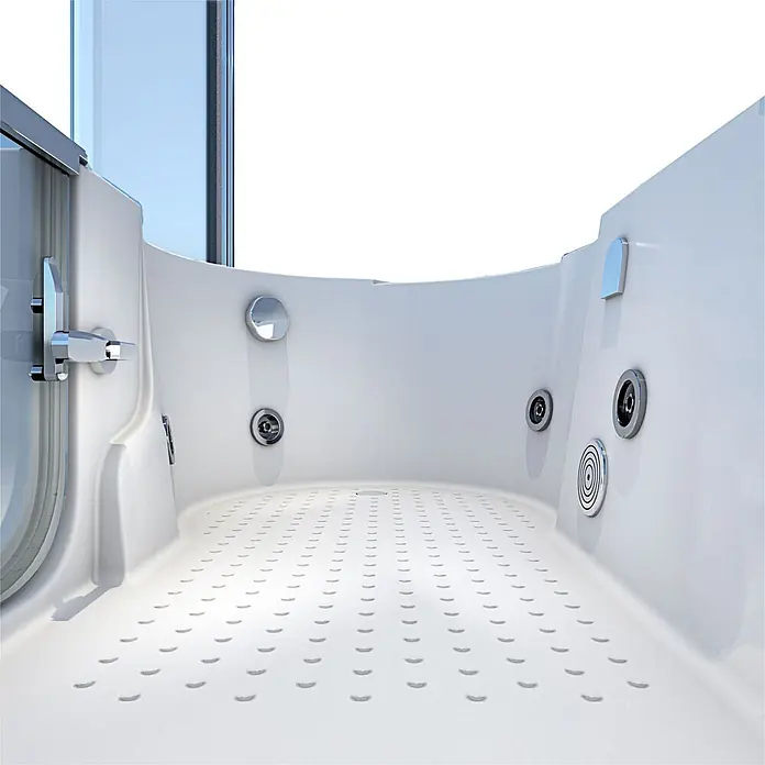 AcquaVapore Badewanne Fertigdusche S12D-WP-R-EC - 85 x 170 cm, Acryl, Weiß - Innenansicht einer weißen Walk-in-Badewanne mit rutschfestem Boden, Chrom-Hydromassagedüsen und Türgriff.