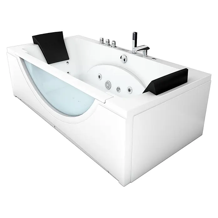 AcquaVapore Badewanne Fertigdusche W81H-A-SC - Acryl, Weiß - Weiße moderne Whirlpool-Badewanne mit integrierten Massagedüsen, Chromarmaturen, schwarzen Kopfstützen und einer durchscheinenden Seitenwand.