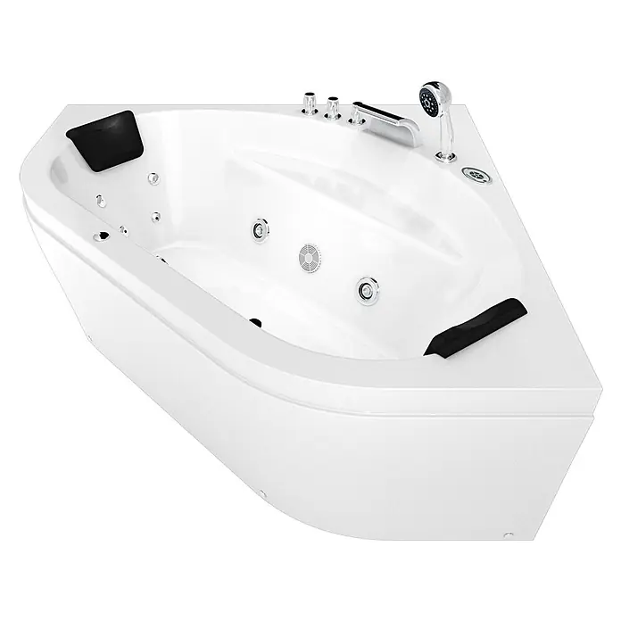 AcquaVapore Badewanne Fertigdusche W20R-TH-SC - Acryl, Weiß - Weißer Eck-Whirlpool mit schwarzen Kopfstützen und Chromarmaturen, inkl. Düsen, Wasserhähnen und Brause.