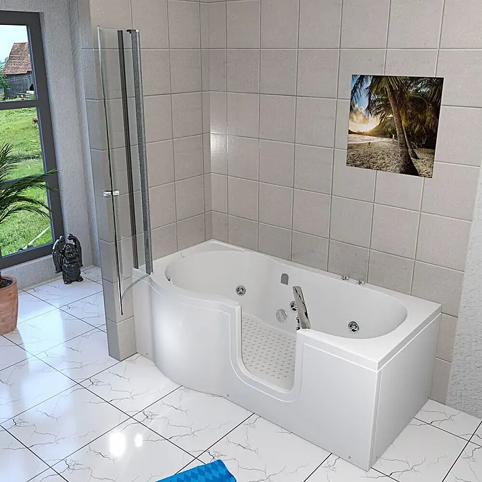 AcquaVapore Badewanne Fertigdusche S12D-WP-R-EC - 85 x 170 cm, Acryl, Weiß - Weiße begehbare Badewanne mit Glasduschabtrennung, für leichten Einstieg im Badezimmer.