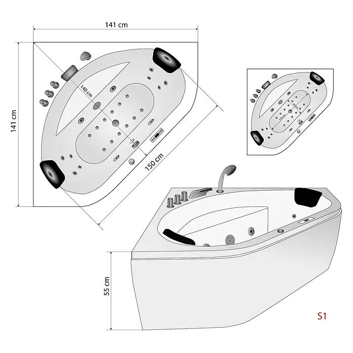 AcquaVapore Badewanne Fertigdusche W20 - Acryl, Weiß - Weißer Eck-Jacuzzi mit Kopfstützen, Düsen und Bedienelementen, Maße 141x141 cm, Höhe 55 cm.
