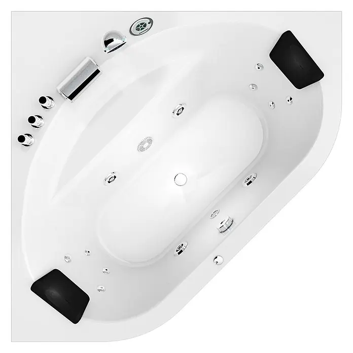 AcquaVapore Badewanne Fertigdusche W20R-TH-SC - Acryl, Weiß - Weiße Eck-Whirlpool-Badewanne mit mehreren Chromdüsen, Bedienelementen und zwei schwarzen Kopfstützen.