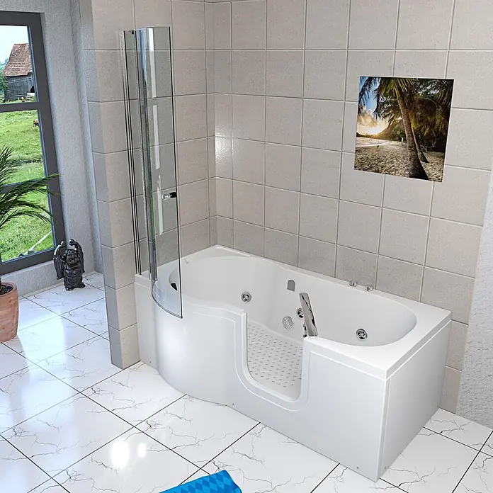 AcquaVapore Badewanne Fertigdusche S12D-WP-R-EC - 85 x 170 cm, Acryl, Weiß - Weiße Walk-in-Badewanne mit Glas-Duschwand, Hydromassagedüsen und rutschfester Basis für barrierefreies Baden im Badezimmer.