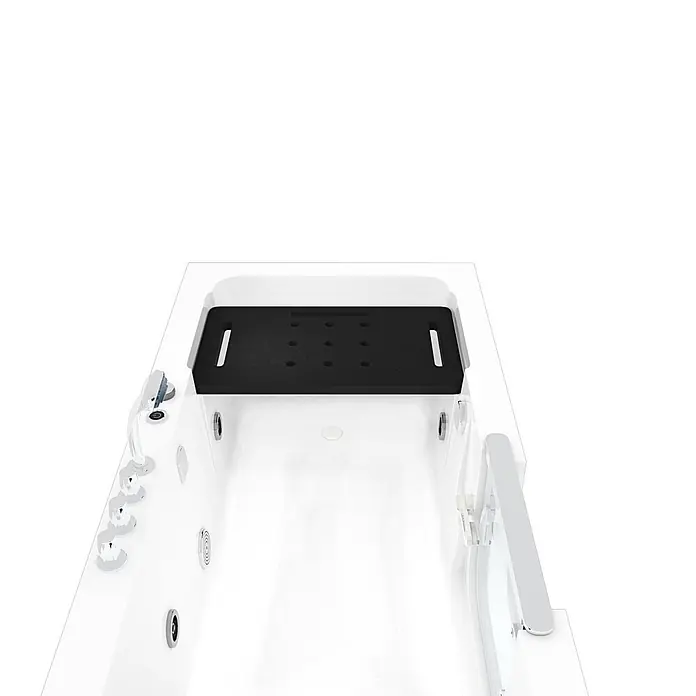 AcquaVapore Badewanne Fertigdusche S15WP-TH-L - 150 x 75 cm, Acryl, Weiß - Weiße barrierefreie Badewanne mit schwarzem Antirutschsitz, Armaturen und Düsen.