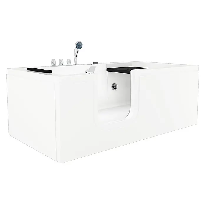 AcquaVapore Badewanne Fertigdusche S15WP-TH-L - 150 x 75 cm, Acryl, Weiß - Weiße Einstiegswanne mit schwarzem Sitz, Chromarmaturen und Handbrause, für einfachen Zugang.