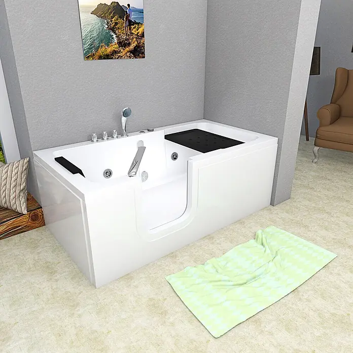 AcquaVapore Badewanne Fertigdusche S15WP-TH-L - 150 x 75 cm, Acryl, Weiß - Weiße barrierefreie Badewanne mit Einstiegstür, integriertem Sitz und Chromarmaturen.