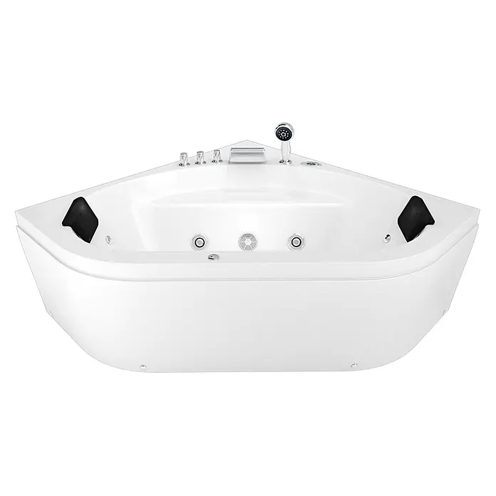 AcquaVapore Badewanne Fertigdusche W20R-TH-SC - Acryl, Weiß - Weiße Eck-Jacuzzi-Badewanne mit schwarzen Kopfstützen, Chromarmaturen, Handbrause und Hydromassagedüsen.