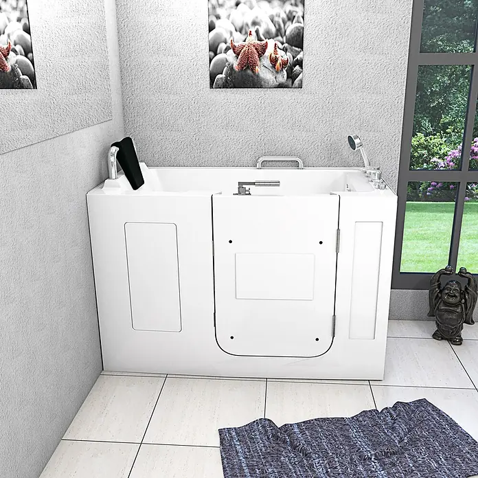AcquaVapore Badewanne Fertigdusche S07WP-A-R - 140 x 76 cm, Acryl, Weiß - Weißes barrierefreies Badefass mit Tür und Brausekopf in einem modernen Bad.