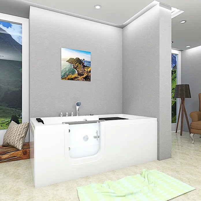 AcquaVapore Badewanne Fertigdusche S15WP-TH-L - 150 x 75 cm, Acryl, Weiß - Weiße, begehbare Badewanne mit Seitentür für einfachen Einstieg, platziert in einem modernen Badezimmer.